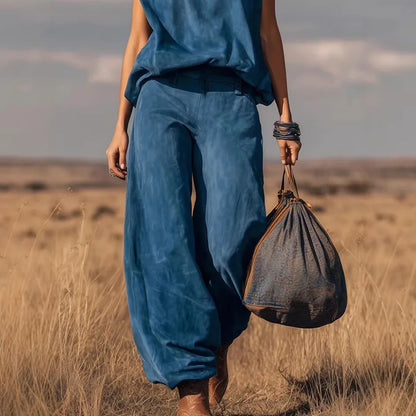 New Fashion Shirt + Wide Leg Pants Two-piece Sets Women Summer Casual Loose Solid Color Denim Top And Trousers Suit For Women