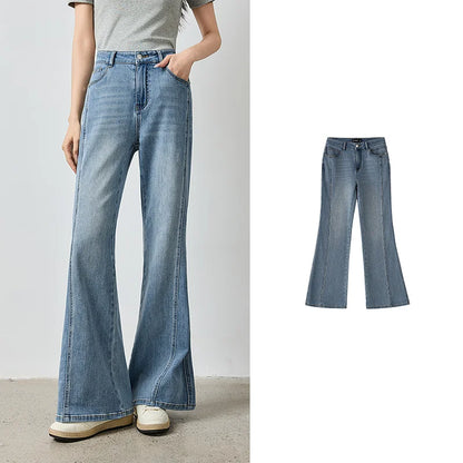 TOYOUTH Women's Glazed Blue Deconstructed Splicing Stretch Cotton Jeans 2026 Autumn New Slim Fit Flared Chic Denim Trousers