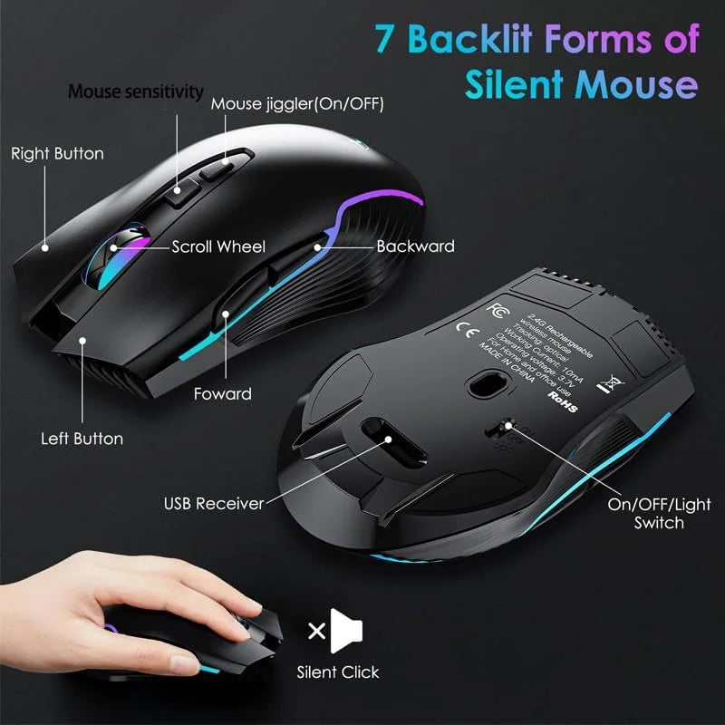 7 Colors Backlit Keyboard With Slot and Wrist Rest Volume Knob Keyboard Jiggle Mouse Set,Full Size Rechargeable Keyboard Set