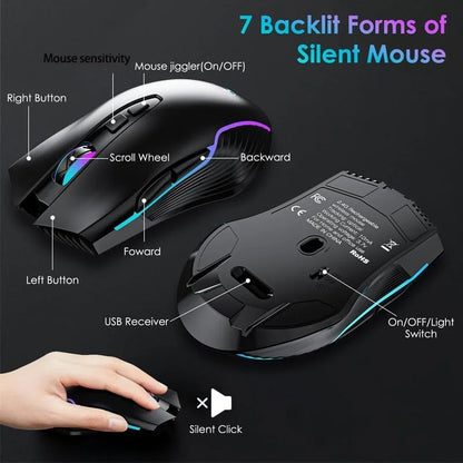 7 Colors Backlit Keyboard With Slot and Wrist Rest Volume Knob Keyboard Jiggle Mouse Set,Full Size Rechargeable Keyboard Set