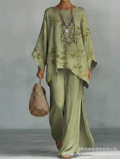 Boho Two Piece Set Summer Women's Loose Patchwork Wide Leg Pants Set Fashion O Neck Pullover Top 2-piece Set Outfit Streetwear