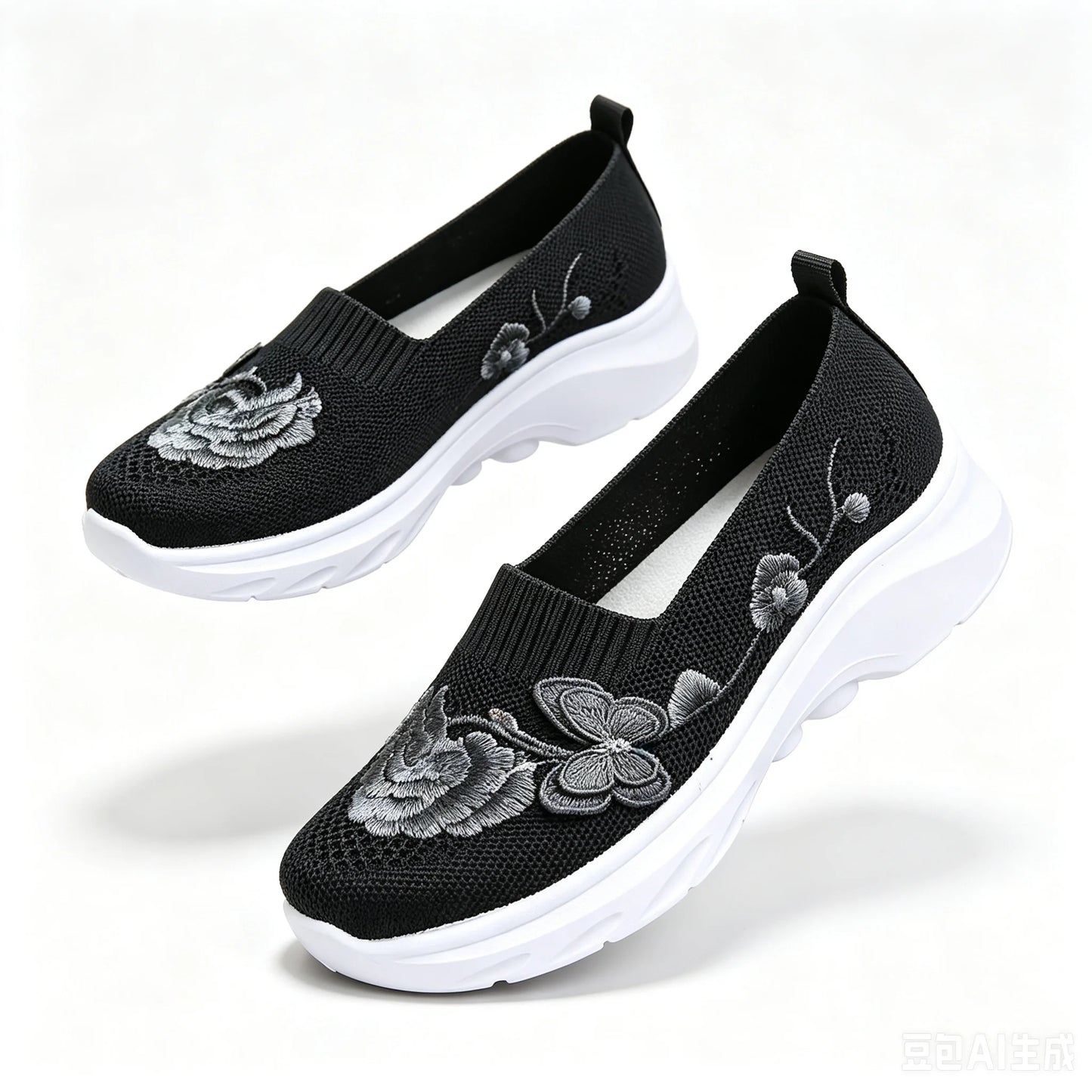 2026 Summer Women Breathable Knit Floral Embroidery Platform Loafers Slip On Walking Shoes Lightweight Soft Cushion Insole Anti Slip Wedge Sole Comfort Casual Daily Outdoor Travel Nurse Footwear Black Khaki Green Multiple Siz