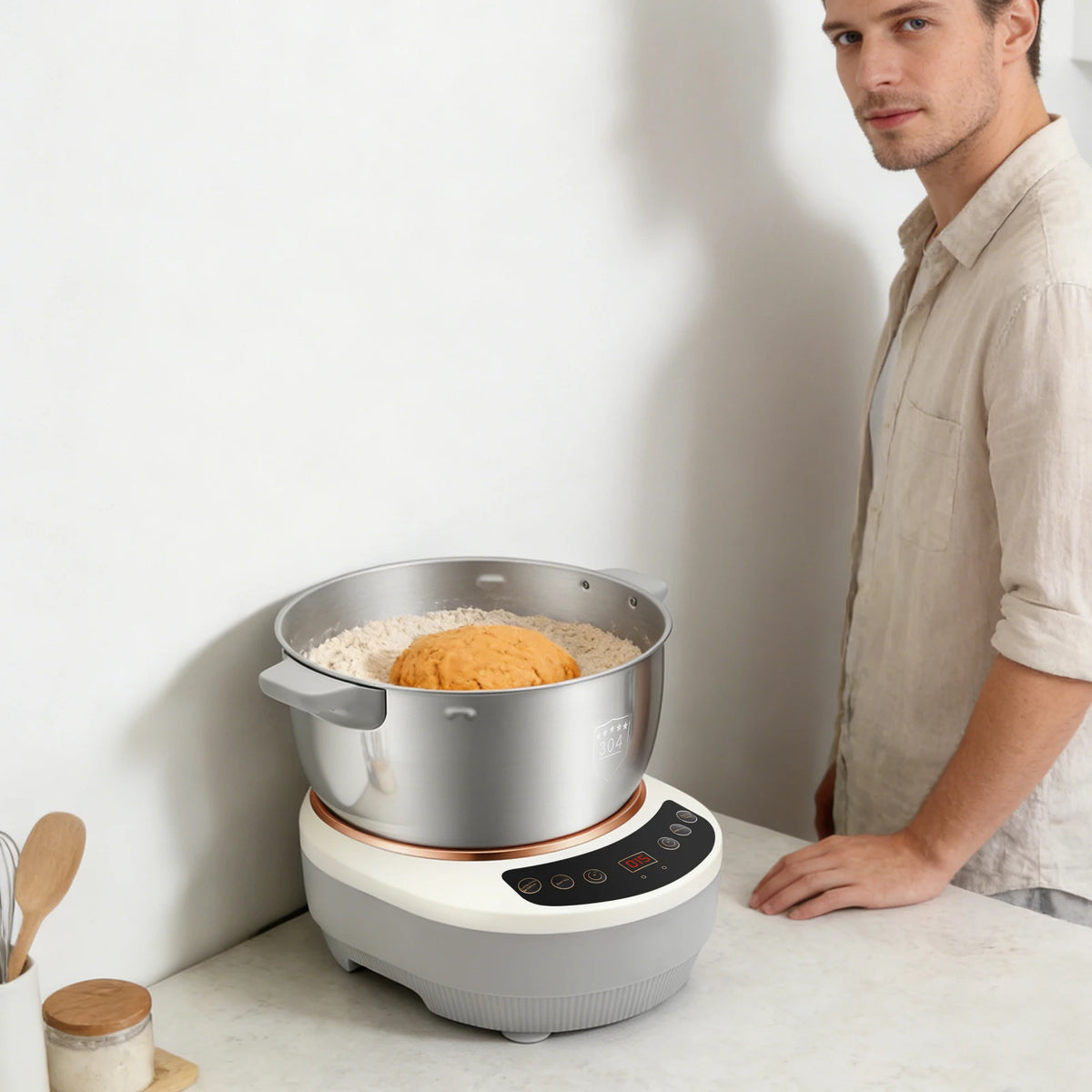 200W Electric Kneading Machine, 304 Stainless Steel Dough Kneading Machine, 5L Stand Mixer, 140-170 RPM, Timer Auto-Off, for Kitchen, Baking, Silver