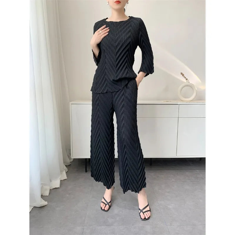 2026 Spring New Women Handmade Pleated Pants Set Comfortable Casual Seven Sleeve T-Shirt Top Loose Wide Leg Pants 2 Piece Set