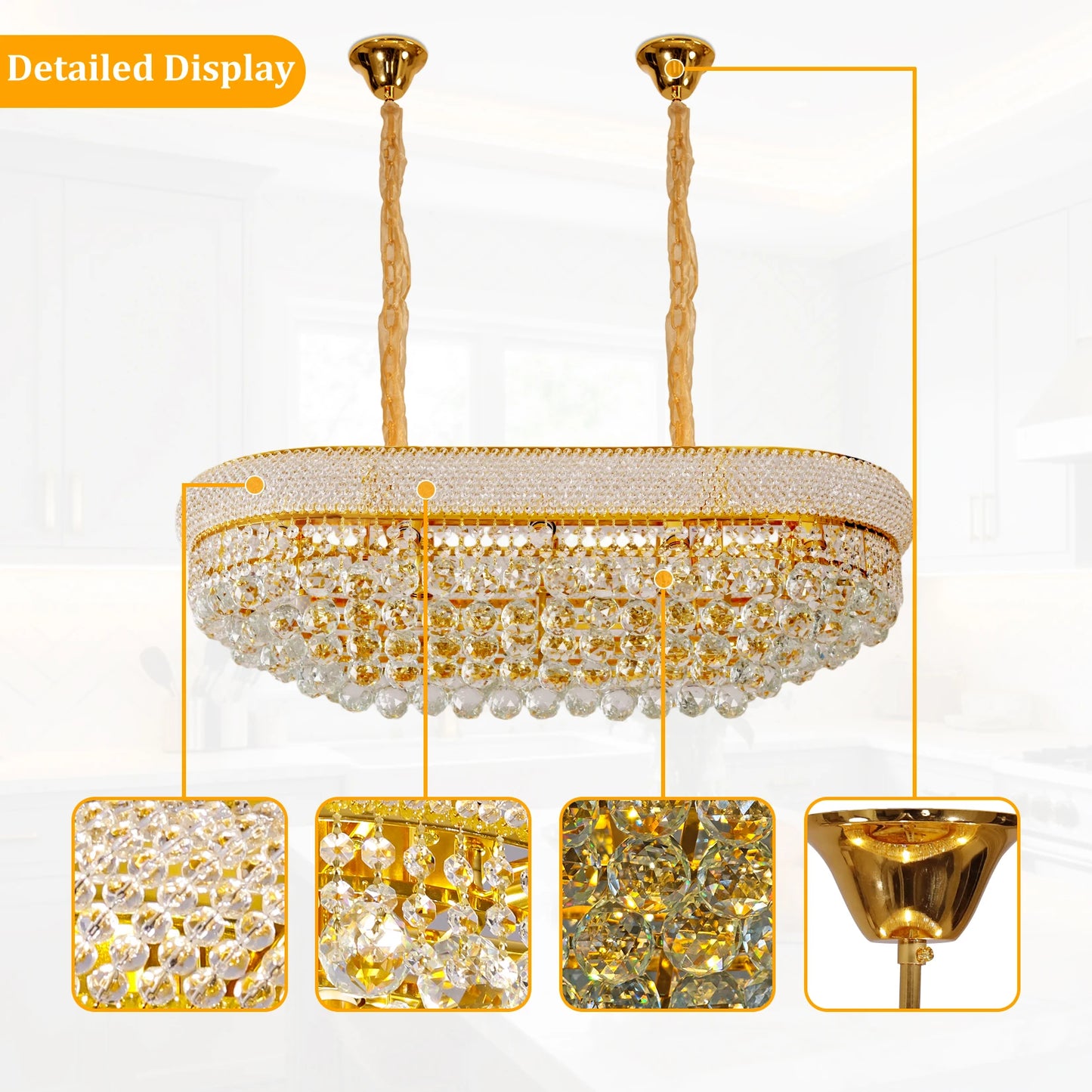 Luxury Ceiling Light: Empire Gold Ceiling Light Fixtures 10 Lights Rectangular Crystals Chandelier Over Long Dining Table, for Kitchen Islands, 3 Colors Temperature