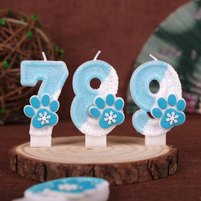 Cat Paw Theme 0‑9 Number Birthday Candle Blue White Glitter Cake Topper With Snowflake Cat Paw Ornament Cake Decoration Supplies
