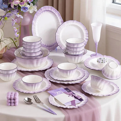Kitchen Dishware Gift Box Set Gradient Purple Dishware Set Household French Ceramic Rice Bowls and Plates Set Household Smoky Purple Dyed Dishware