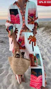 Fashion Print Beach Holiday 2-Piece Set Women Spring Summer Long Sleeve Shirt Top + Wide Legs Women's Oversized Two-Piece Outfit