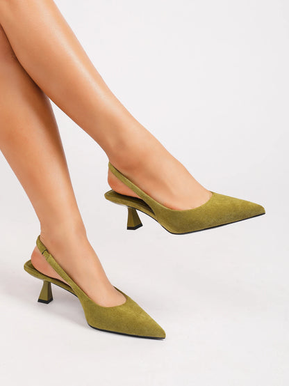 WOMEN OLIVE GREEN FAUX SUEDE SLINGBACK KITTEN HEELS POINTED TOE LOW HEEL PUMPS ELEGANT DRESS PARTY OFFICE SHOES