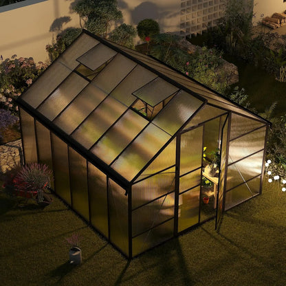 10x12 FT Greenhouse for Outdoors, Polycarbonate Greenhouse with Roof Vent, Enhanced Aluminum Large Walk-in Green, Customized