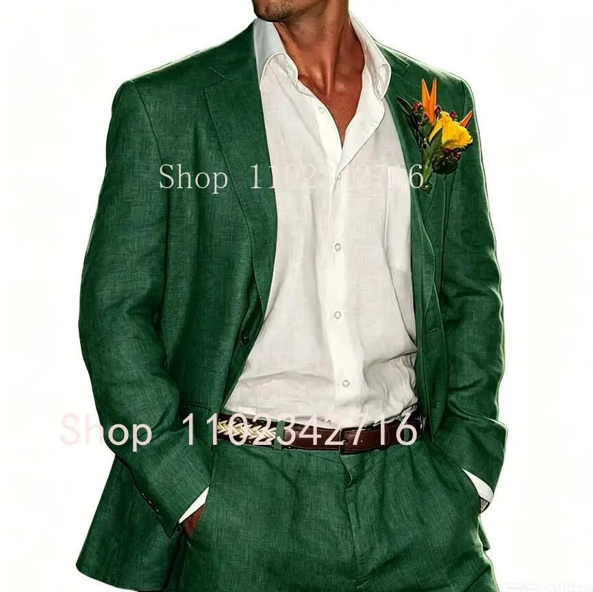 Beige Linen Men Suits 2 Pieces Beach Wedding American Style Jacket with Pants Formal Groom Tuxedos Male Suits (Blazer+Pants)