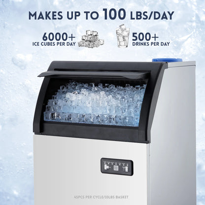 Commercial Ice Maker Machine 100LBS/24H, 50 Ice Cubes in 5-15 Min | 33 Lbs Storage Ice Bin, Freestand Stainless Steel Body, 2 Water Inlets, LED Display, for Home Bar Office Restaurant