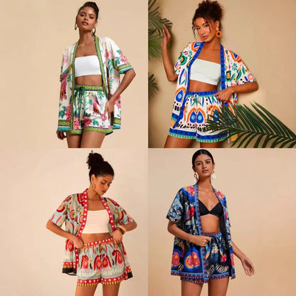 Summer Women's Suit With Shorts Printed Crop Top Short Pants Blue Patterned Set Green Floral Casual Shorts