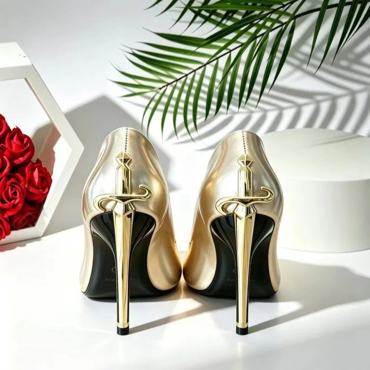 2026 Early Spring New High Heels Women's Fine Heels Pointed Metal Swords Sexy Queen Black Lacquer Leather Single Shoes