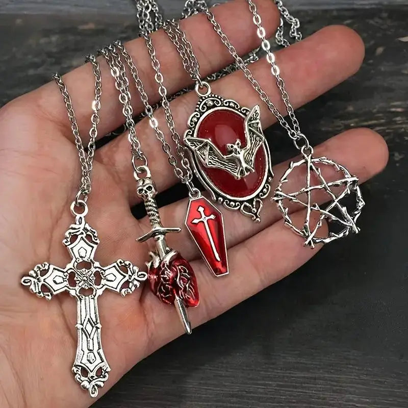 5Pcs Gothic Necklace Set For Women Halloween Jewelry Heart Bat Spider Cross Pendant Sweater Chain Trendy Daily Accessories Gift