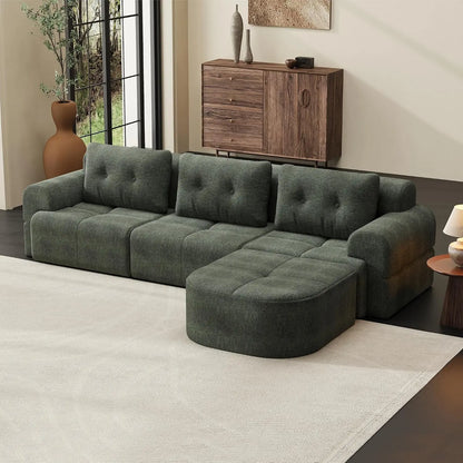 110" Boneless Chenille Cloud Sofa with Chaise, 4 Seater L-Shaped Modular Sectional for Living Room, Beige-White, Customized