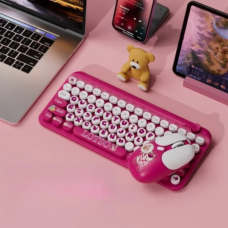 Mickey Bluetooth Wireless Keyboard and Mouse Set 84 Keys Cartoon Round Keycaps Mini Keyboard for Laptop Compute Gaming Office