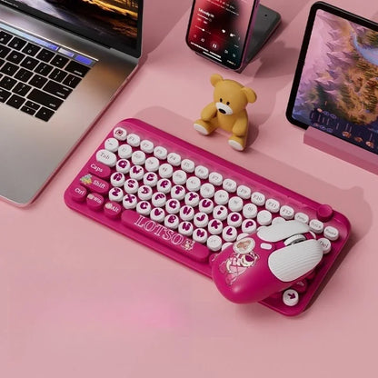 Mickey Bluetooth Wireless Keyboard and Mouse Set 84 Keys Cartoon Round Keycaps Mini Keyboard for Laptop Compute Gaming Office