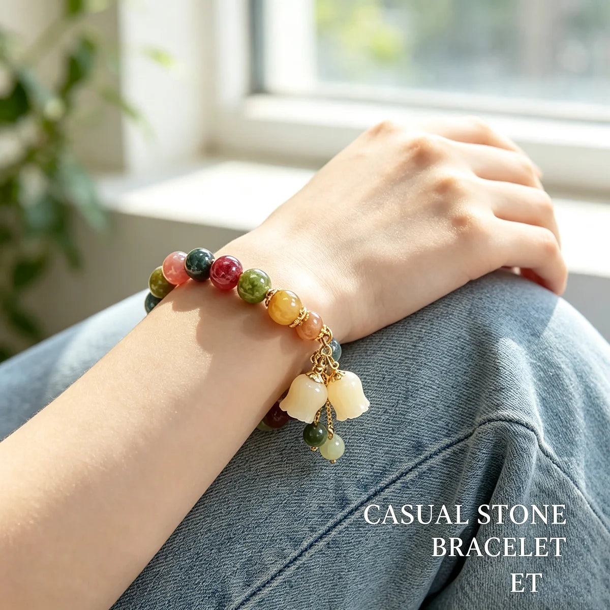 Vintage Antique Style Beaded Bracelet, Chinese Multi Gemstone Wristband with Carved Lily of The Valley Pendant, Retro Heirloom Aesthetic Jewelry Gift for Classic Fashion Lovers