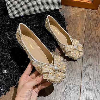 Plus Size 35-43 Women Shoes Flat Heel Wedding Party Shoes Square Toe Office Lady Shoes Pearls Crystal Diamonds Decoration