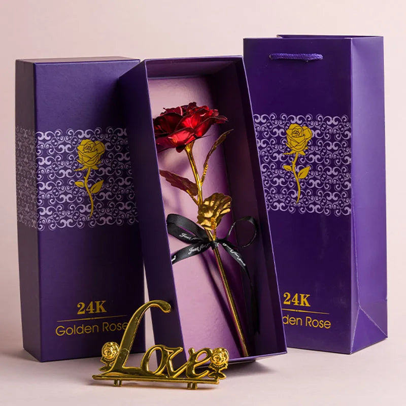 Artificial 24k Plated Rose With Love Holder Box Gift for Mothers Day Valentines Day Birthday Anniversary Thanksgiving Present