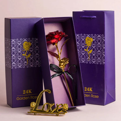 Artificial 24k Plated Rose With Love Holder Box Gift for Mothers Day Valentines Day Birthday Anniversary Thanksgiving Present