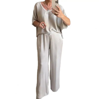 Summer Short-sleeved T-shirt Two-piece Set For Women V-neck Top Pullover Wide-leg Pants Suit For Women Spring Loose Satin Suit