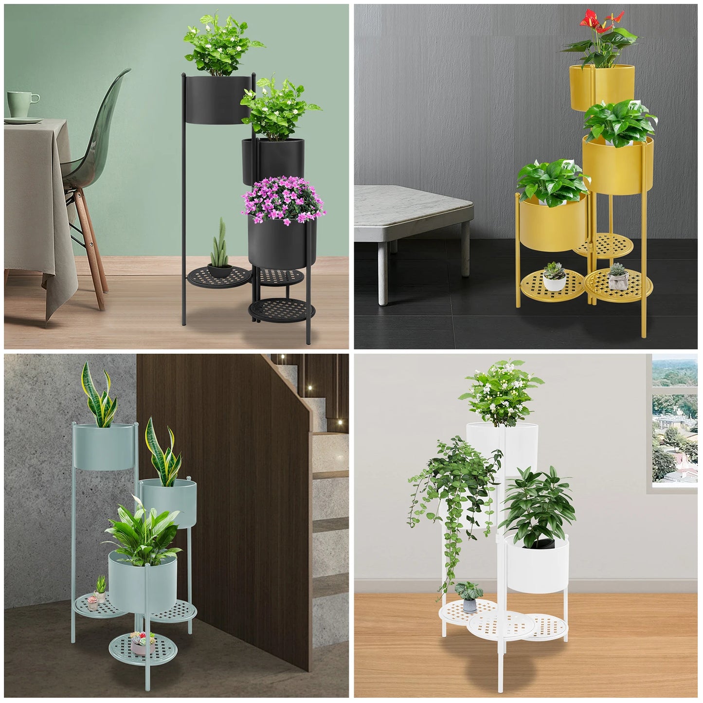 3 Tier Corner Plant Stand Foldable, 16x31in Iron Flower Pot Holder w/ Shelves for Indoor Outdoor Balcony, White/Green/Gold/Black