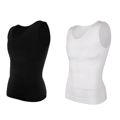 2 PCS Men Slimming Shapewear Sexy Body Shaper Posture Correct Vest Compression T-Shirt Body Building Fat Burning Chest Tummy Control Tank Top Sleeveless Under Shirt Breathable Soft Waist Trainer Round Neck Underwear