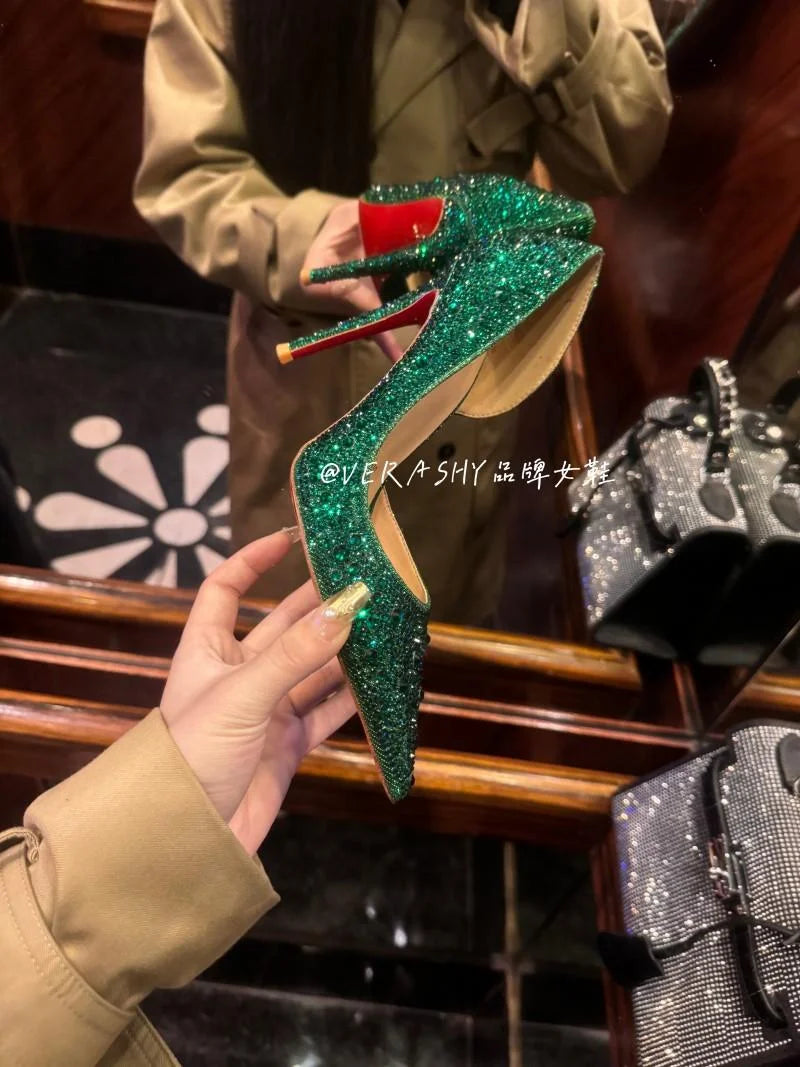 Red Sole Shoes High Heels Wedding Women Shoes Diamond Pumps  Heel 10cm Crystal Shoes Rhinestone Pointed Toe Glitter Party Heels
