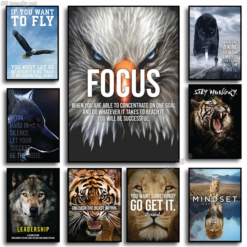 Animals Motivational Posters Eagle Wolf Lion Tiger Motivation Art Canvas Paitning Success Mindset Inspirational Wall Art Decor