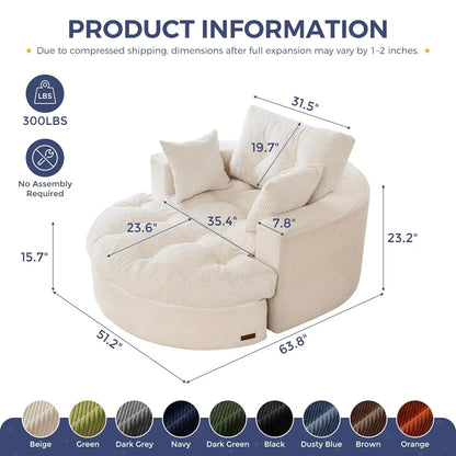 Oversized Round Chaise Lounge Sofa, Boneless Chair with Ottoman | Beige Upholstered Reading Chair Has a Deep Seat and 3, Custom