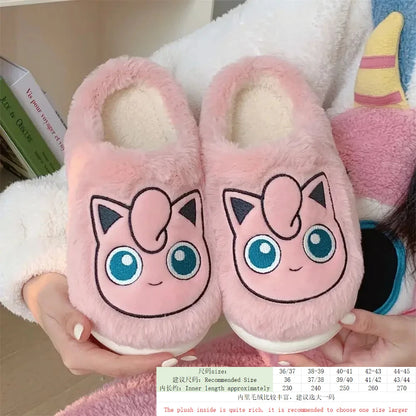 Popular anime Pokemon Pikachu Eevee Couple Cotton Slippers Winter Cute Cartoon Men Women Shoes with Velvet Insulation Anti slip