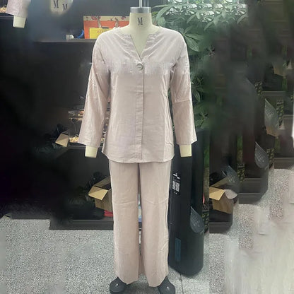 Women's Cotton and Linen Pants Suit Casual Solid Color Pullover Pants 2-piece Set White Pink