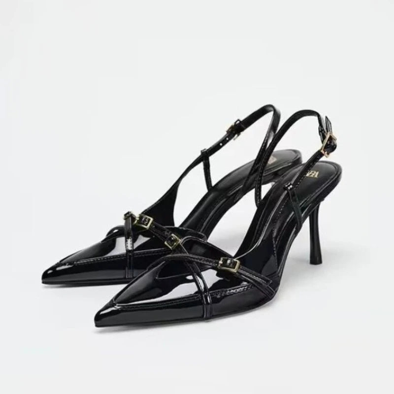 Sexy wine-red high-heeled shoes. Summer fashion pointed-toe elegant cross-strap stiletto sandals. Big size women's shoes