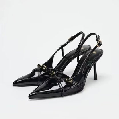 Sexy wine-red high-heeled shoes. Summer fashion pointed-toe elegant cross-strap stiletto sandals. Big size women's shoes