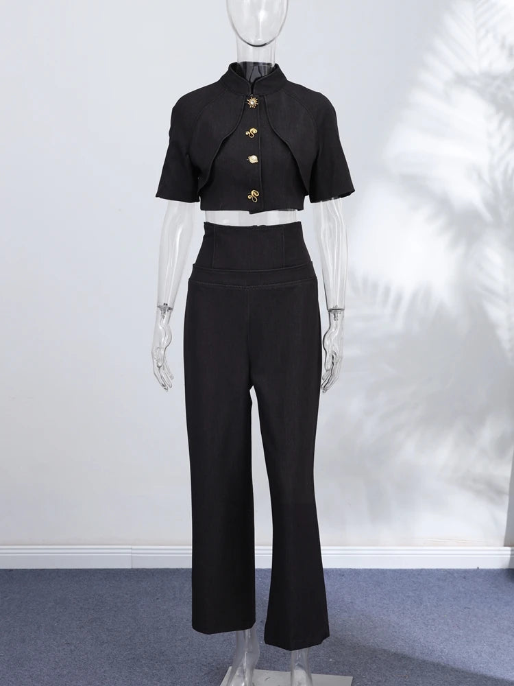 Fashion Women Pant Set Fashion Stand Collar Single Breasted Short Sleeve Cropped Coat And Lace Up Wide Leg Pant Casual Outwear