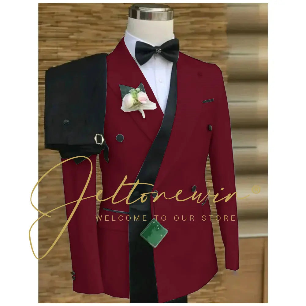 Double Breasted White Black Wedding Suits for Men Fashion Slim Fit Groom Best Man Wedding Tuxedo Formal Prom Wear 2 Pieces Set