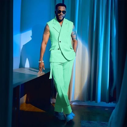 2025 Summer Hot 2 Pieces Jacket Pants Single Breasted Notch Collar High Quality Business Male Clothing Sleeveless Fashion
