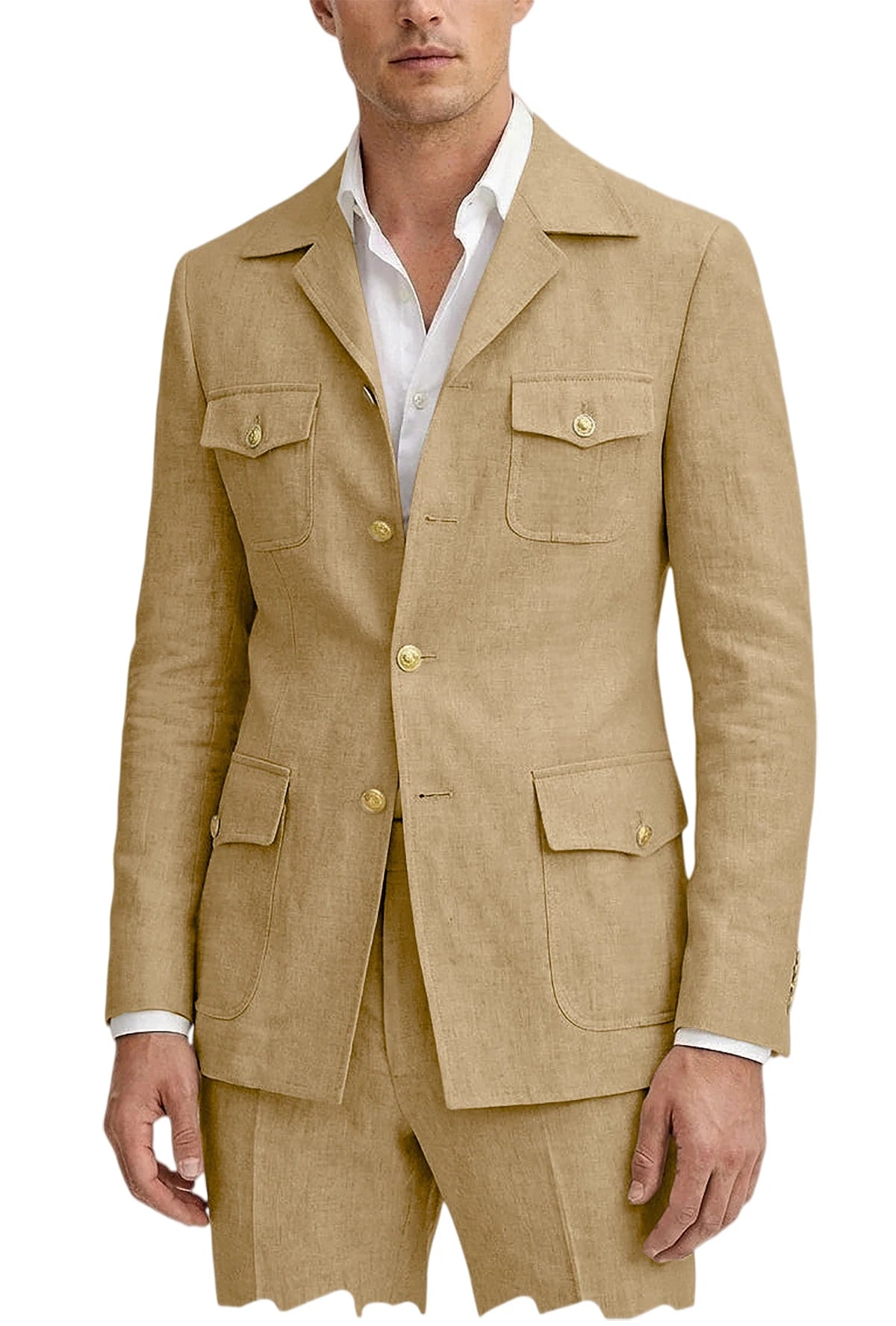Men's Linen Suit 2 Piece Blazer Pants Set Multi-Pocket Safari Style Slim Fit Formal Business Casual Jacket Trousers for Summer