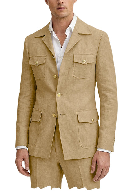 Men's Linen Suit 2 Piece Blazer Pants Set Multi-Pocket Safari Style Slim Fit Formal Business Casual Jacket Trousers for Summer