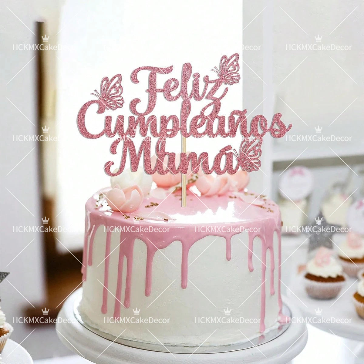 3pcs Feliz Cumpleanos Mama Cake Topper Pink Glitter Spanish Birthday Cake Decoration with Butterflies