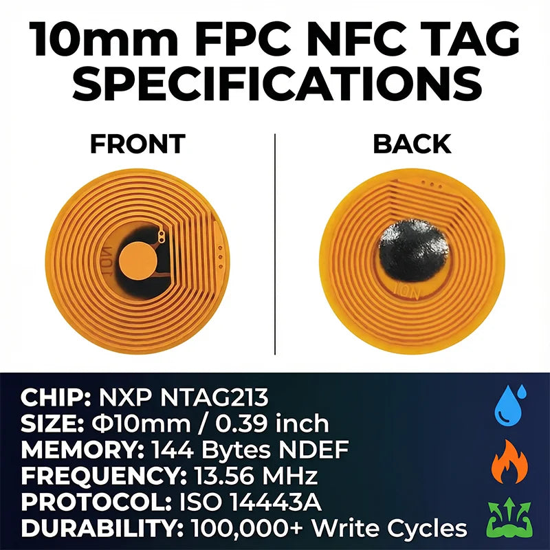 10mm FPC NFC Tag NTAG213 Rewritable Sticker for iPhone Android Devices Mini RFID Sticker 144 Bytes for Smart Home Automation