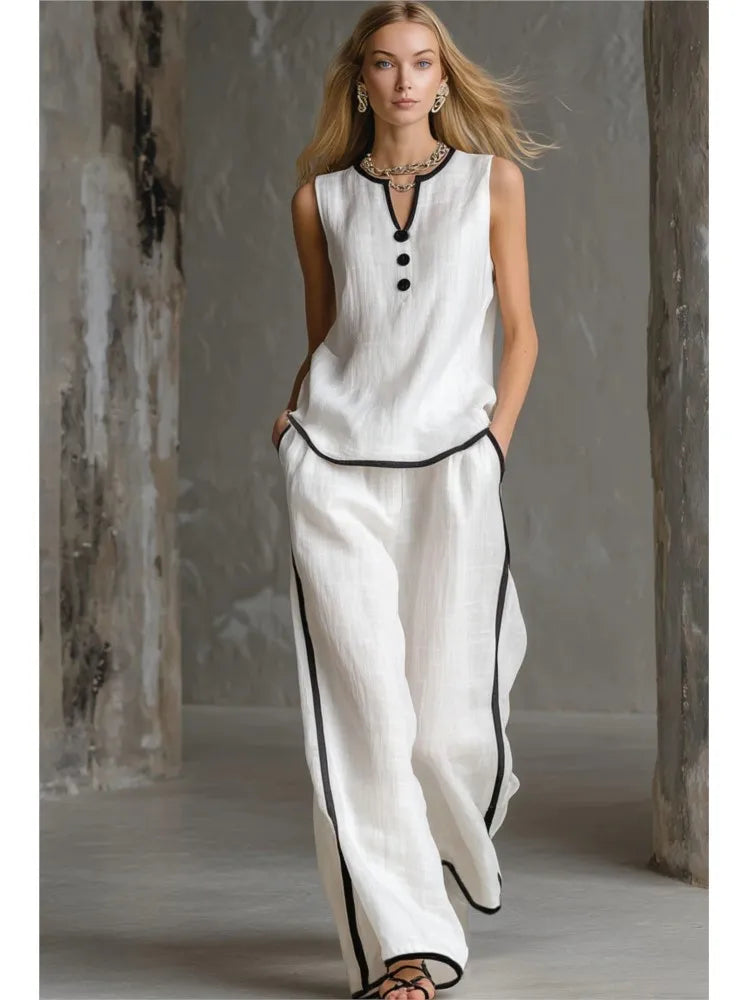 Casual Women Color Blocking Loose Sleeveless Button Vest Elastic Waist Wide-leg Pants Two Peice Set Summer V-Neck Ladies Outfit