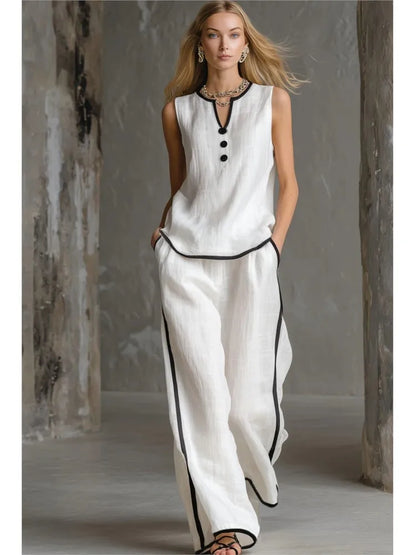 Casual Women Color Blocking Loose Sleeveless Button Vest Elastic Waist Wide-leg Pants Two Peice Set Summer V-Neck Ladies Outfit