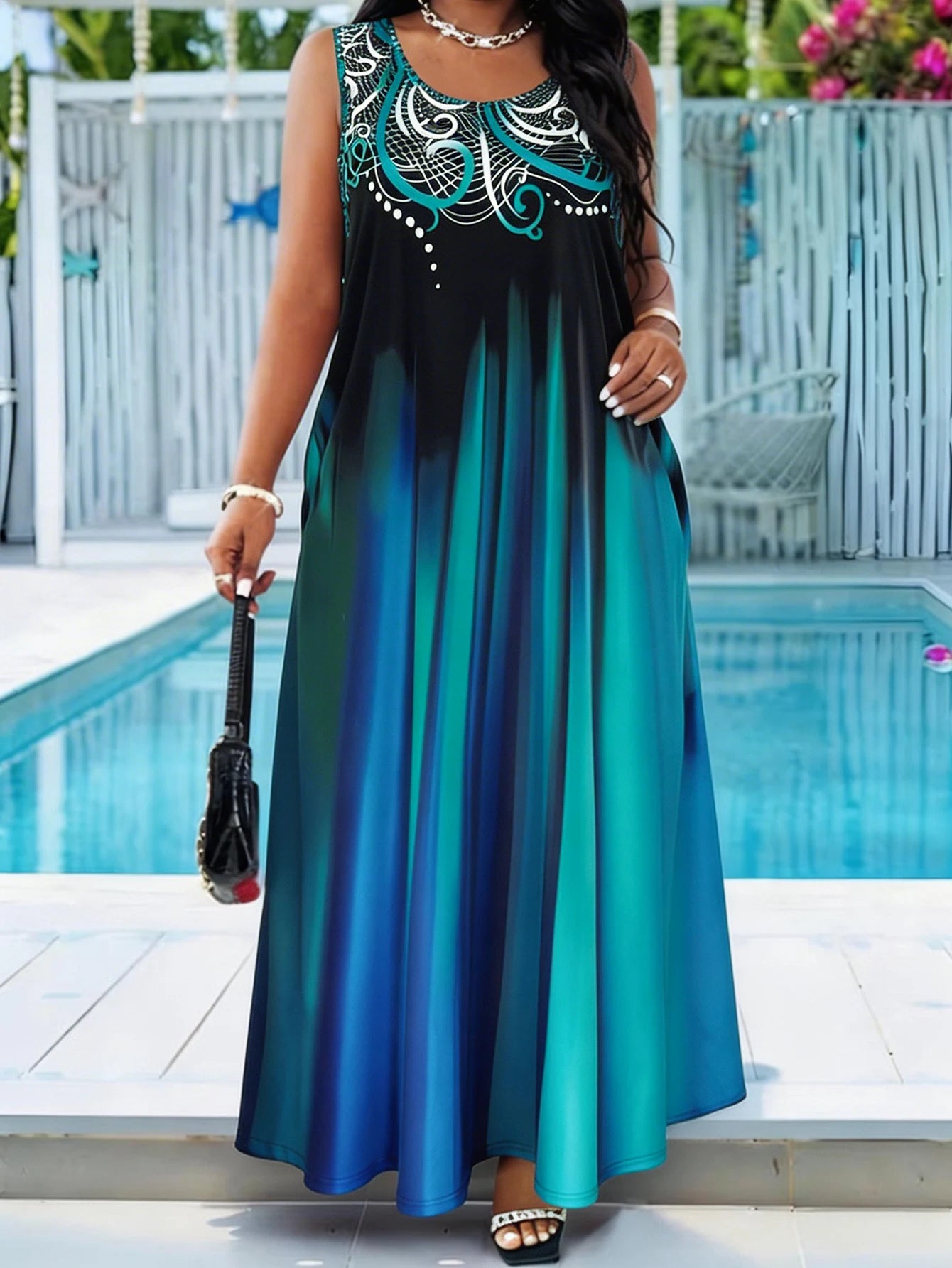 Plus Size Teal Blue Gradient Print Maxi Dress Summer Casual Round Neck Sleeveless Loose Long Sundress With Pocket