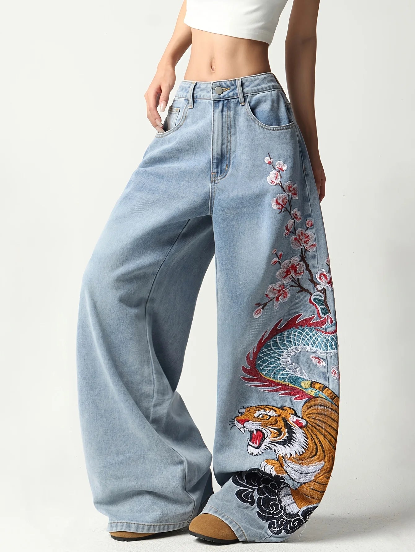 European And American Wide-Leg Denim Pants, Featuring Dragon, Tiger, Plum Blossom, And Cloud Embroidery, High-Waisted Jeans