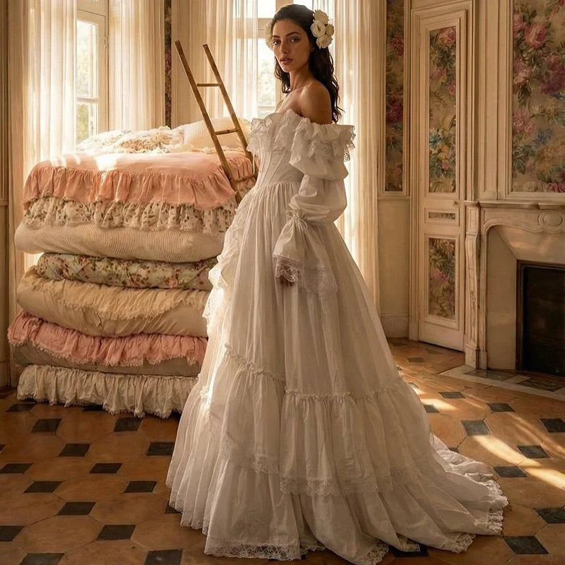 Eightree Vintage A-Line Wedding Dresses Puff Sleeve Lace Princess Wedding Ball Gowns Women Ruffled Bridal Prom Dress Customized