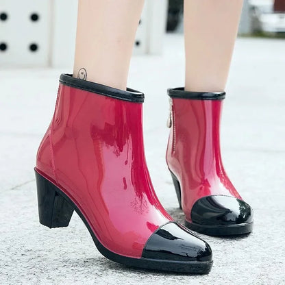 Luxury Designer Women Chunky Rain Boots Heels Rubber Shoes Waterproof Pvc Garden Work Galoshes Ankle Boot Rain Shoes Footwear