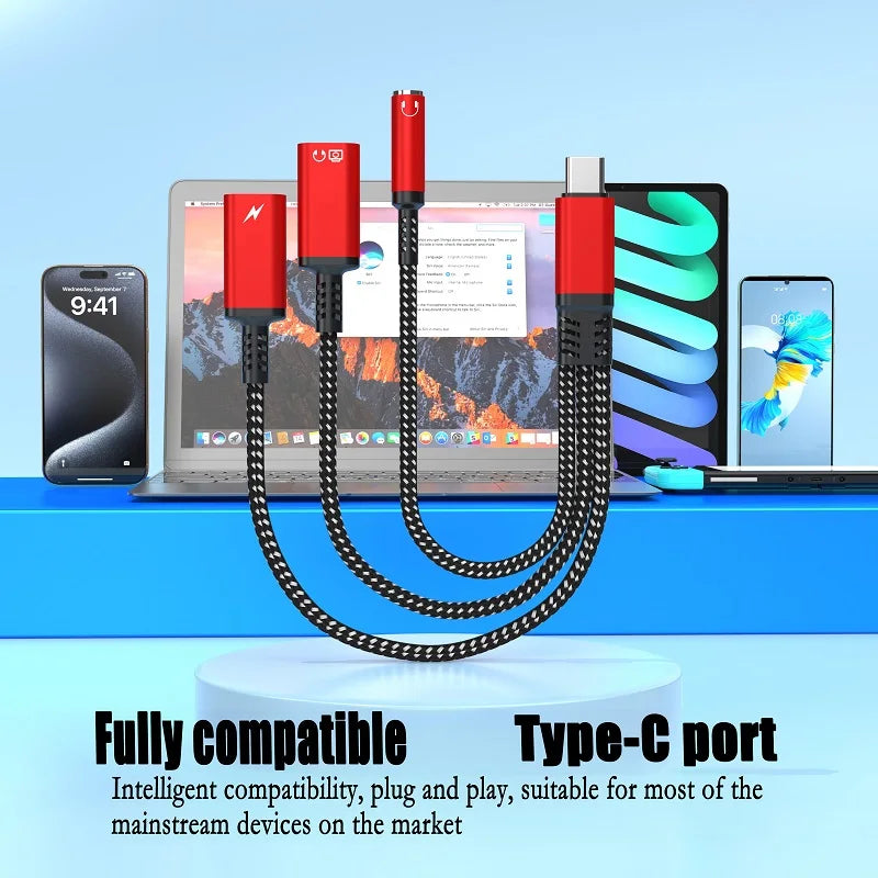 PD 60W Type C to Dual Type C 3.5mm Headphone and Charger Adapter 3 In1 USB C to AUX Audio Jack Dongle Cable For Samsung IPhone16